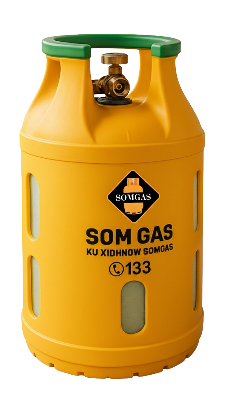 Yellow SOMGAS 11KG LPG cylinder with green handle