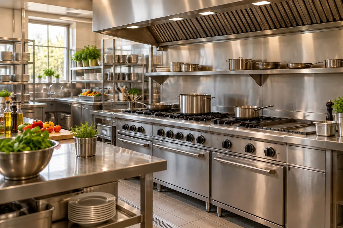 Illustrative professional restaurant kitchen with stainless steel cooking equipment
